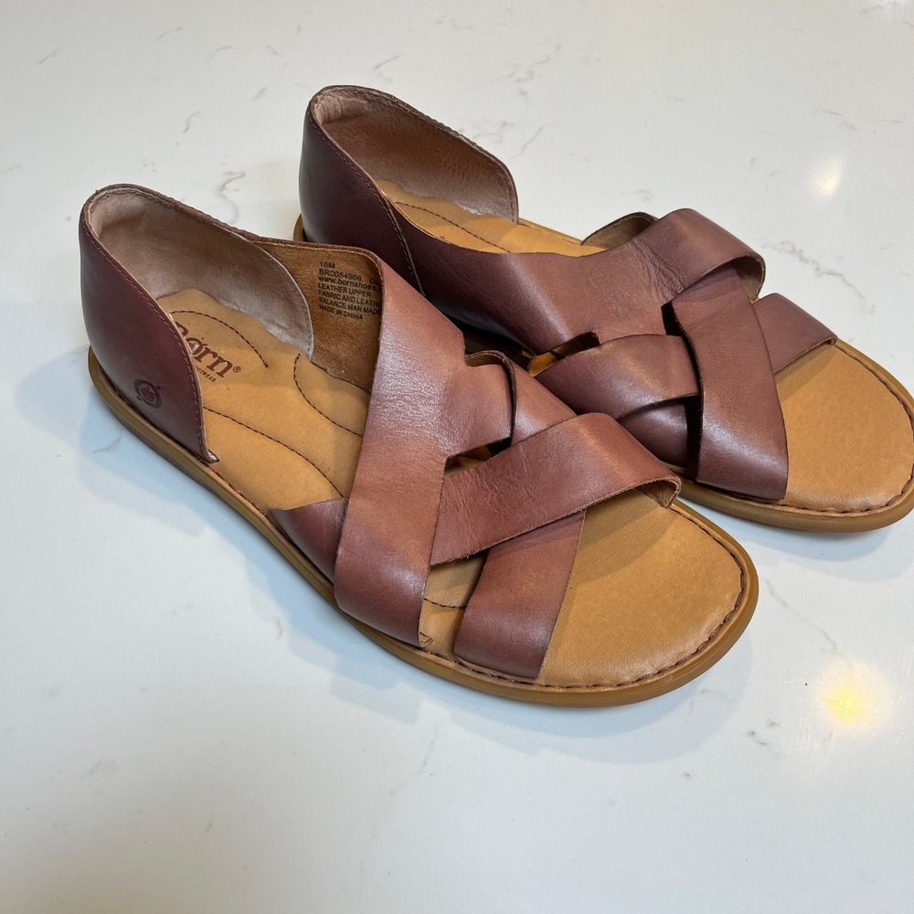 NWOB Born Brown Leather Crisscross Ithaca Flat Sandals Womens 10M BR0054906 - Picture 4 of 10